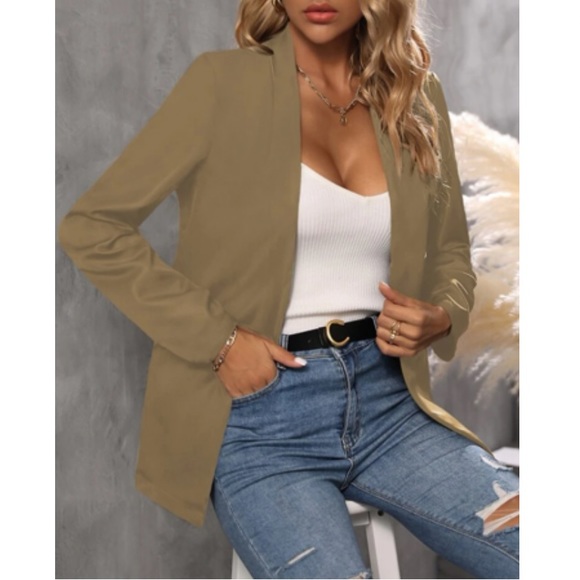Classic khaki business casual open front blazer - Picture 3 of 16